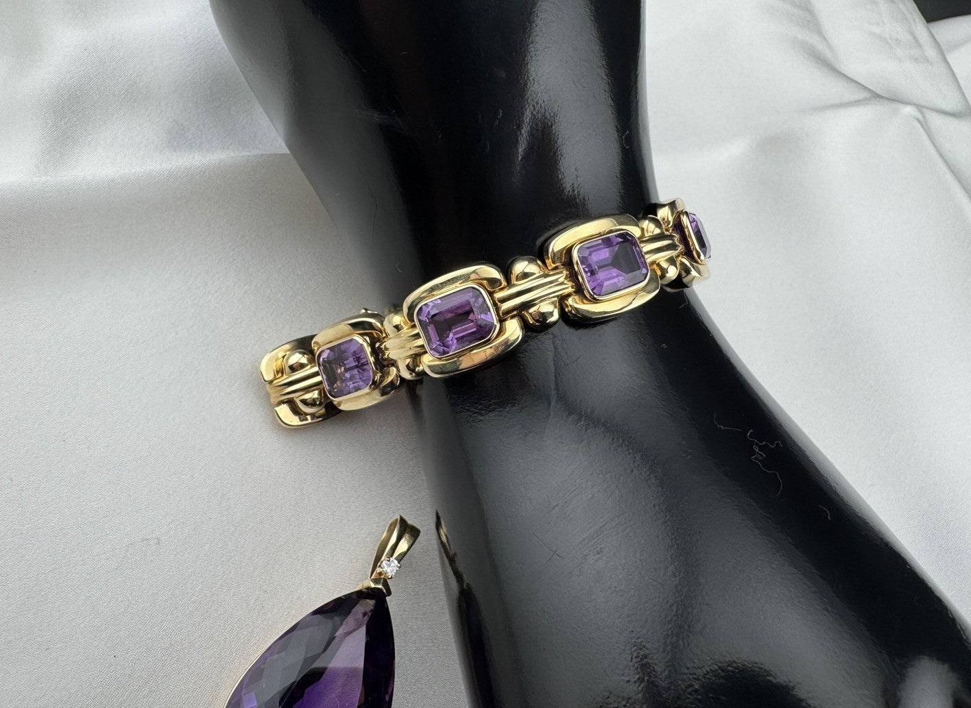 14K Yellow Gold 4 Piece Jewelry Set Bracelet Ring Pendant Earring 70.5G Purple