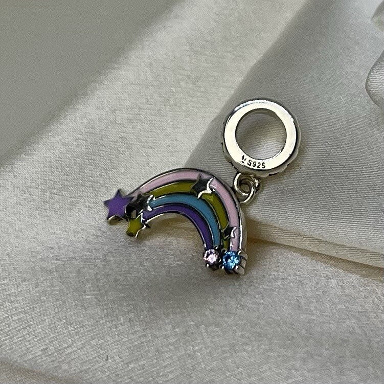 Sterling Silver 925 Cute Enamel Rainbow Stars Pink Blue CZ Stones Dangle Charm