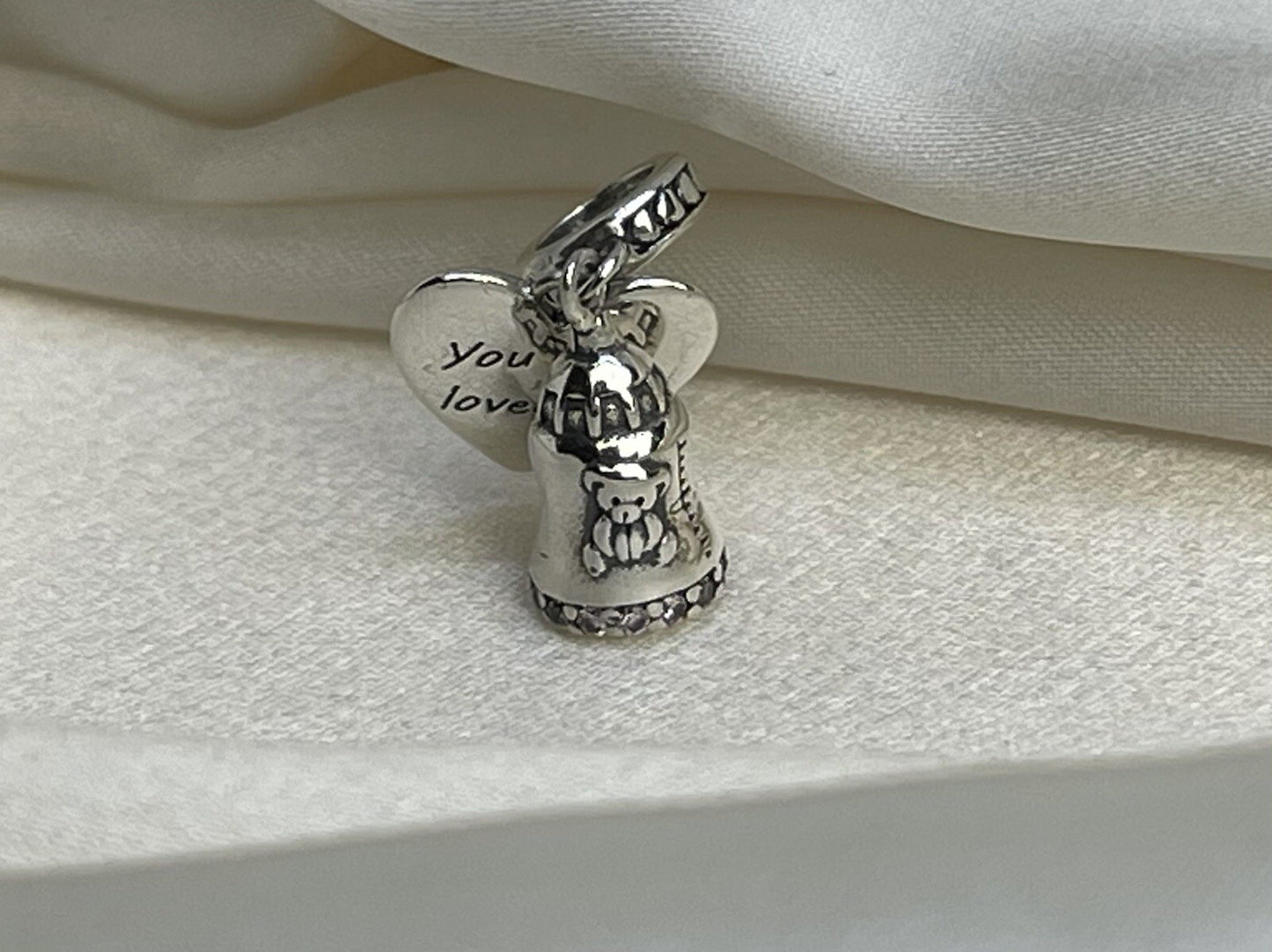 Sterling Silver 925 Baby Foot Bear Bottle You Are Loved Heart Charm Pink Pavé CZ