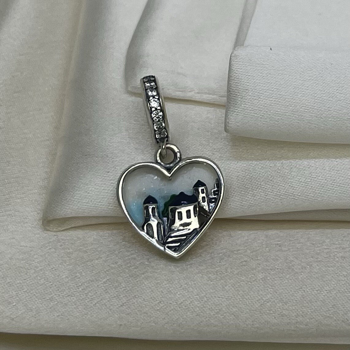 Sterling Silver 925 Enamel Double Heart City Hometown CZ Dangle Charm