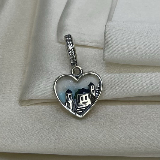 Sterling Silver 925 Enamel Double Heart City Hometown CZ Dangle Charm