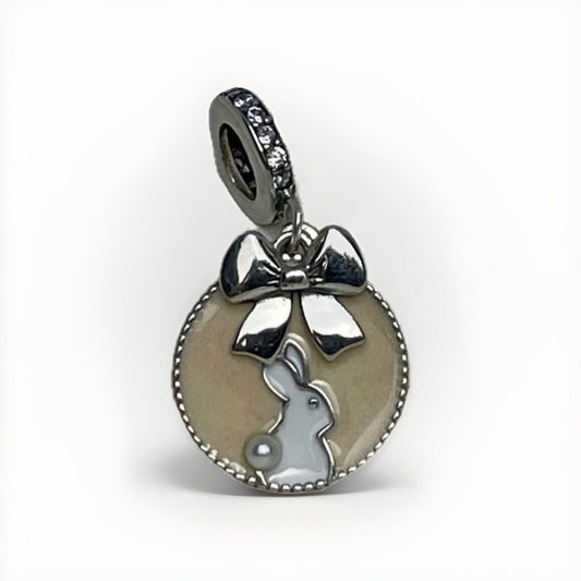Sterling Silver 925 Enamel Beige Bow Bunny Pearl Cubic Zirconia Dangle Charm