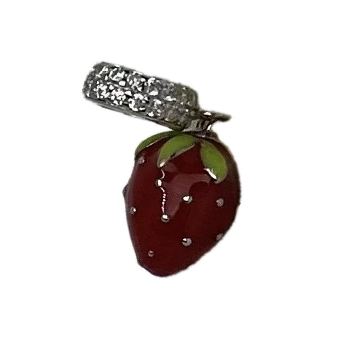 Sterling Silver 925 Enamel Strawberry Fruit Red Green Dangle Charm Pendant CZ