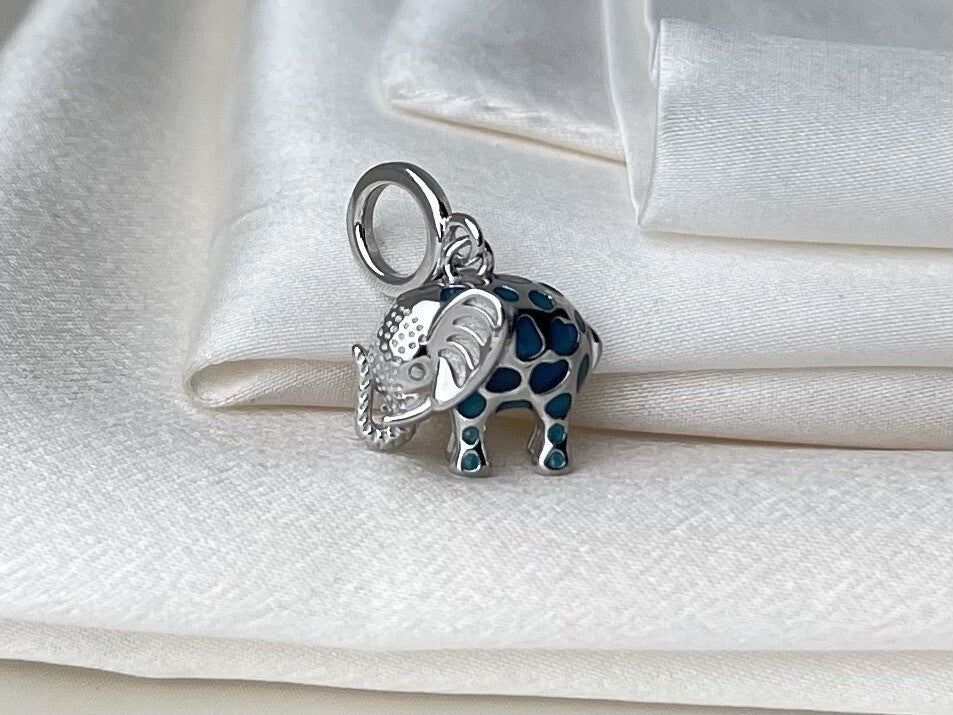 Sterling Silver 925 Dangle Blue Enamel Vibrant Happy Festive Elephant Charm