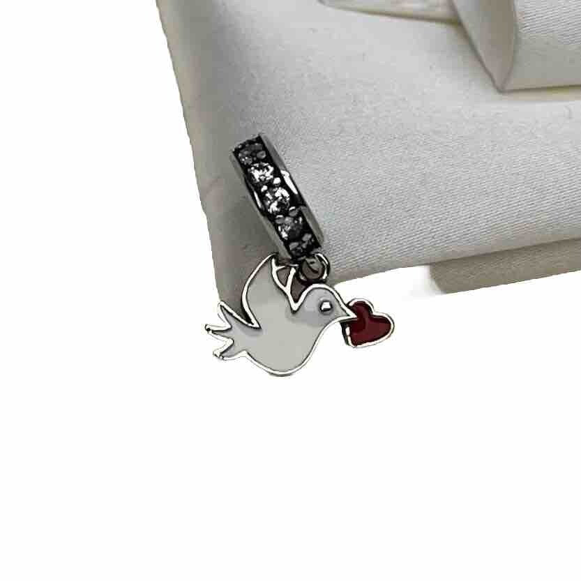 Sterling Silver 925 Enamel Red Heart Dove Peace Love Cubic Zirconia Dangle Charm
