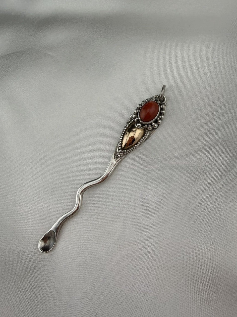 Vintage 925 Sterling Silver Carnelian Pendant 22K Gold Inlay 76mm Artisan Spoon