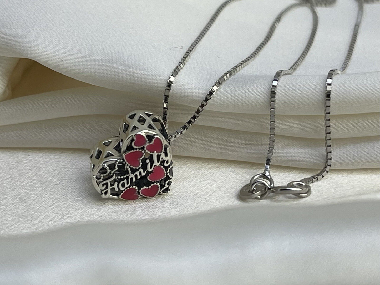 Sterling Silver 925 Love Red & Pink Color Changing Enamel Hearts Family Necklace