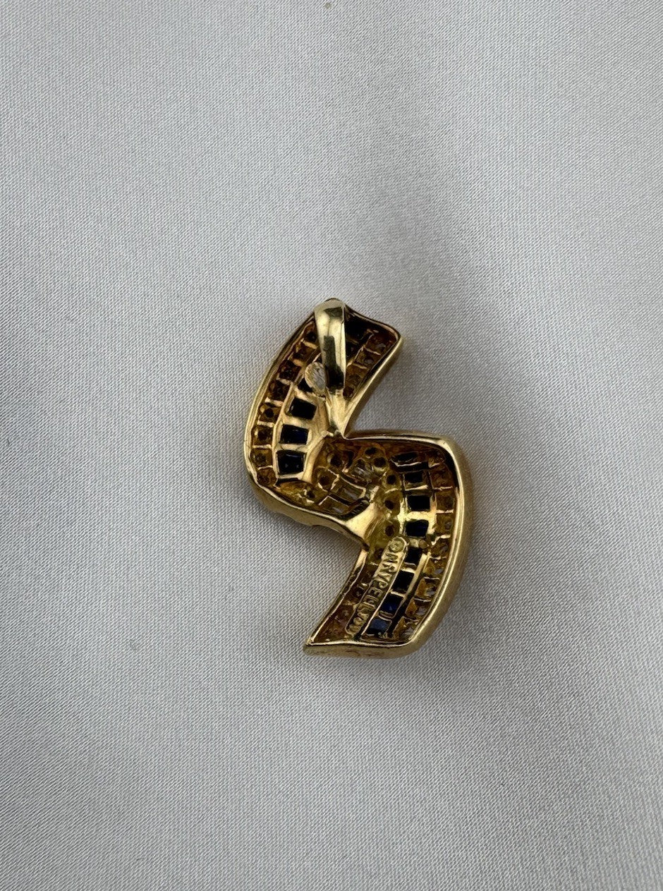 Vintage Charles Krypell 18K Yellow Gold Sapphire and Diamond Ribbon Pendant 7.7G