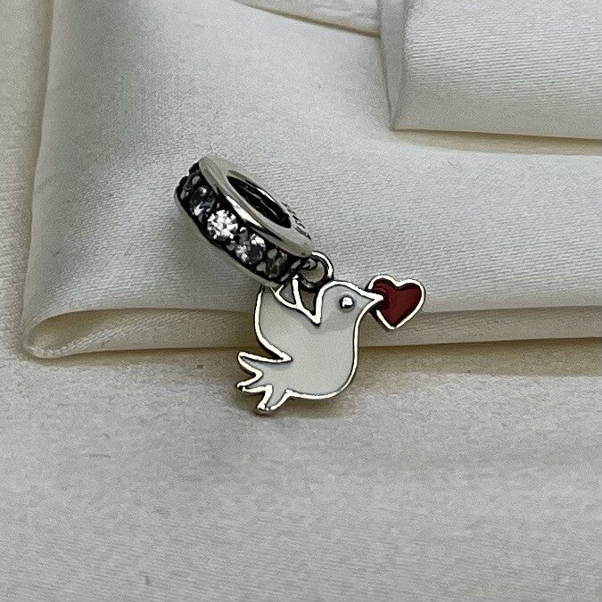 Sterling Silver 925 Enamel Red Heart Dove Peace Love Cubic Zirconia Dangle Charm