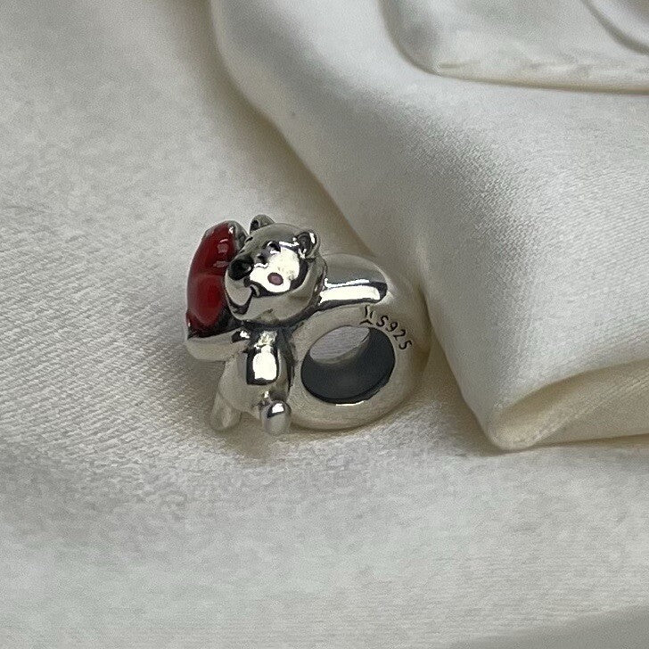 Sterling Silver 925 European Enamel Heart Anime Bear Squirrel Character Charm