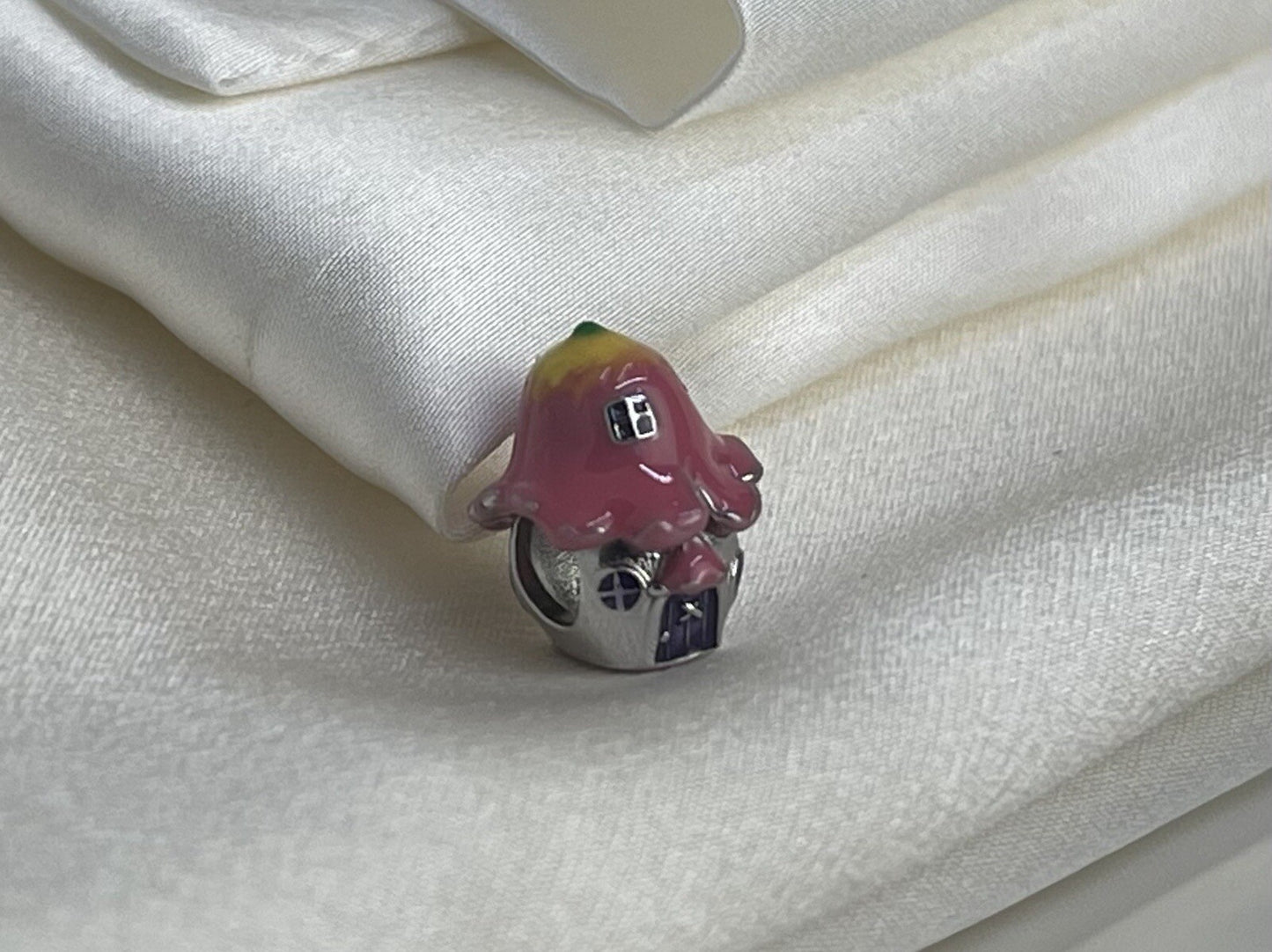 Sterling Silver 925 Enamel Anime Pink Colorful Mushroom House Charm