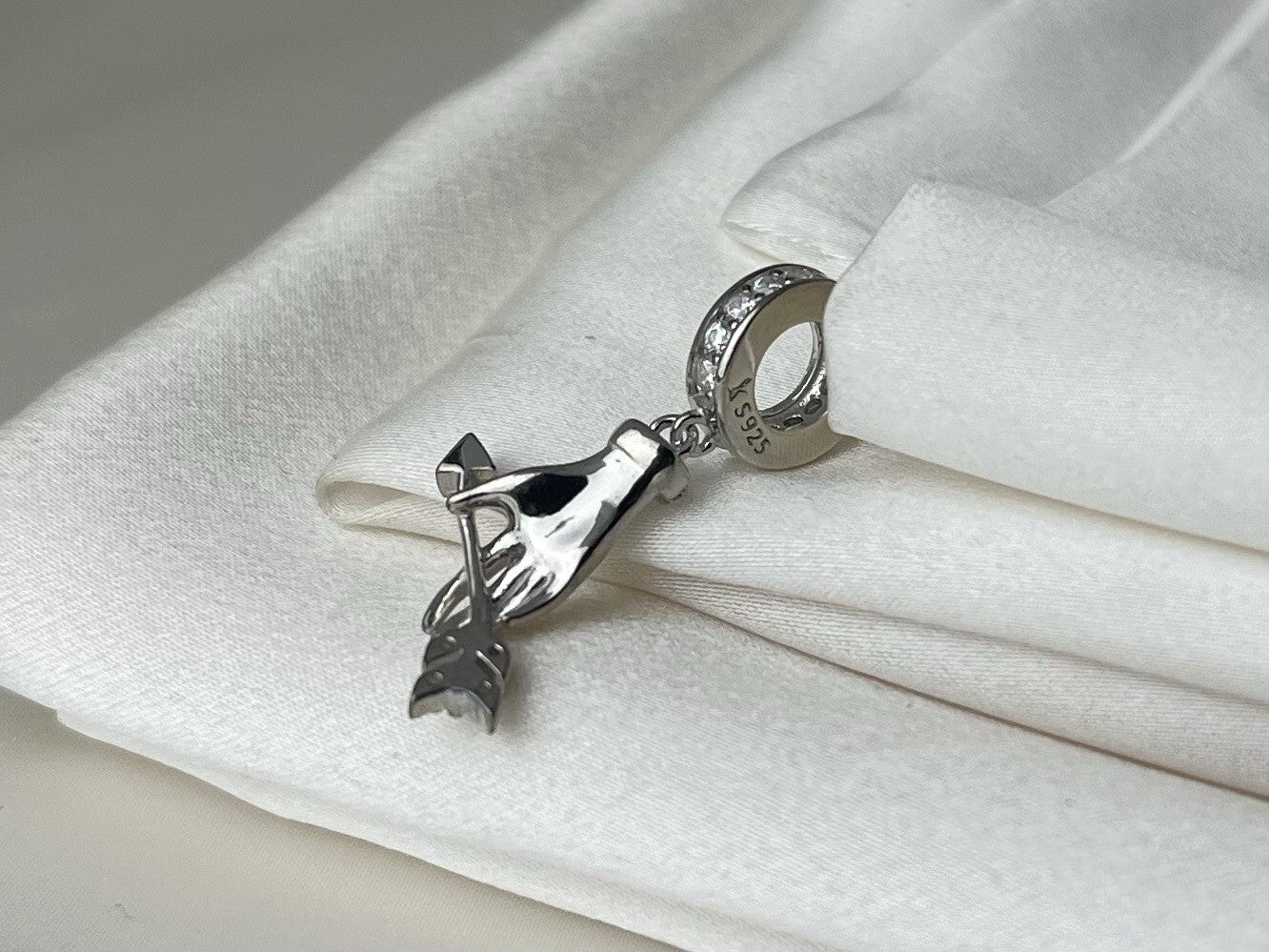 Sterling Silver 925 Enamel Valentine Cupid Hand Love Bow & Arrow Dangle Charm CZ