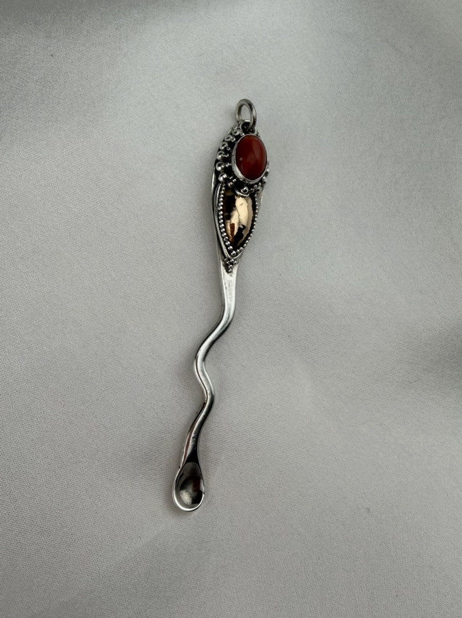 Vintage 925 Sterling Silver Carnelian Pendant 22K Gold Inlay 76mm Artisan Spoon