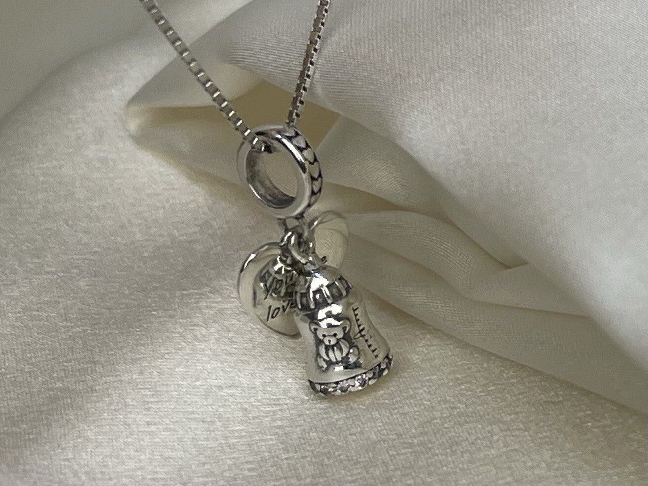 Sterling Silver 925 Baby Foot Bear Bottle You Are Loved Heart Pink Necklace
