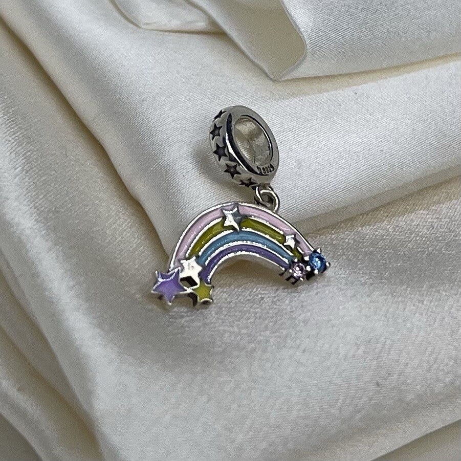 Sterling Silver 925 Cute Enamel Rainbow Stars Pink Blue CZ Stones Dangle Charm