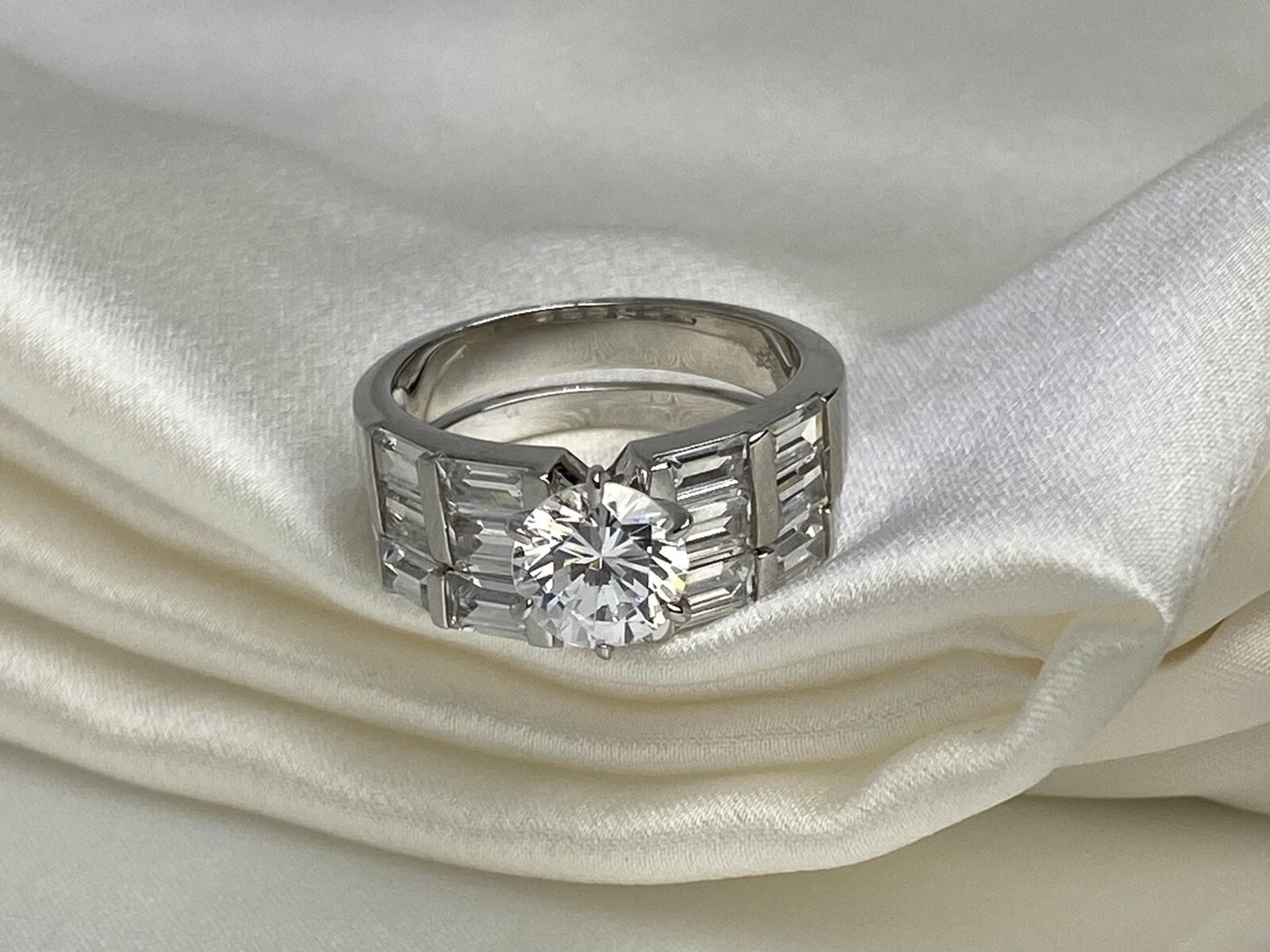 Elegance Stacked Cubic Zirconia Ring Rhodium Plated Sterling Silver 925 Size 6
