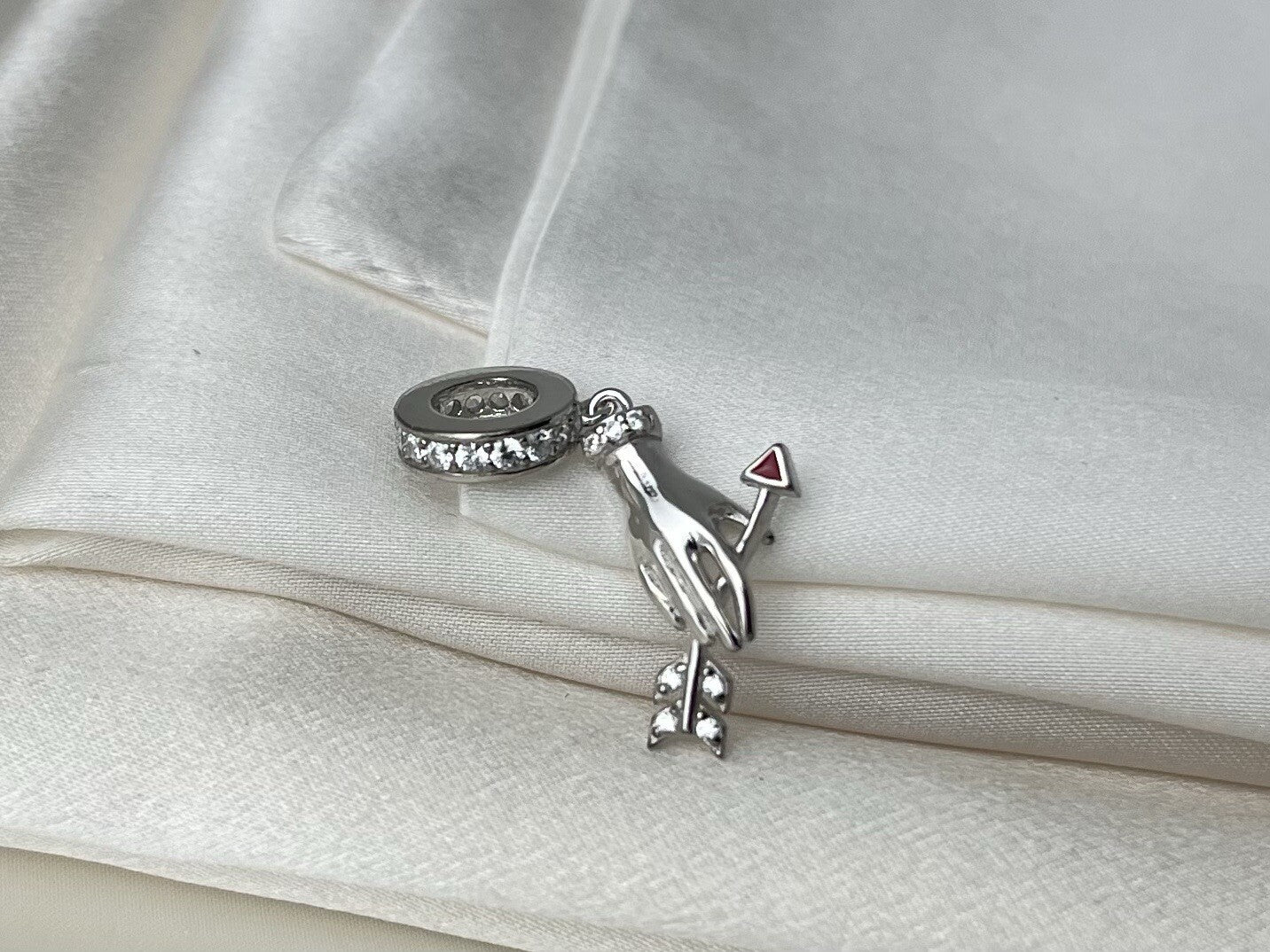 Sterling Silver 925 Enamel Valentine Cupid Hand Love Bow & Arrow Dangle Charm CZ