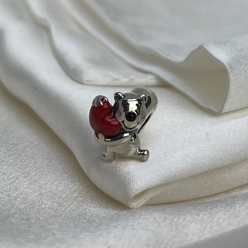 Sterling Silver 925 European Enamel Heart Anime Bear Squirrel Character Charm