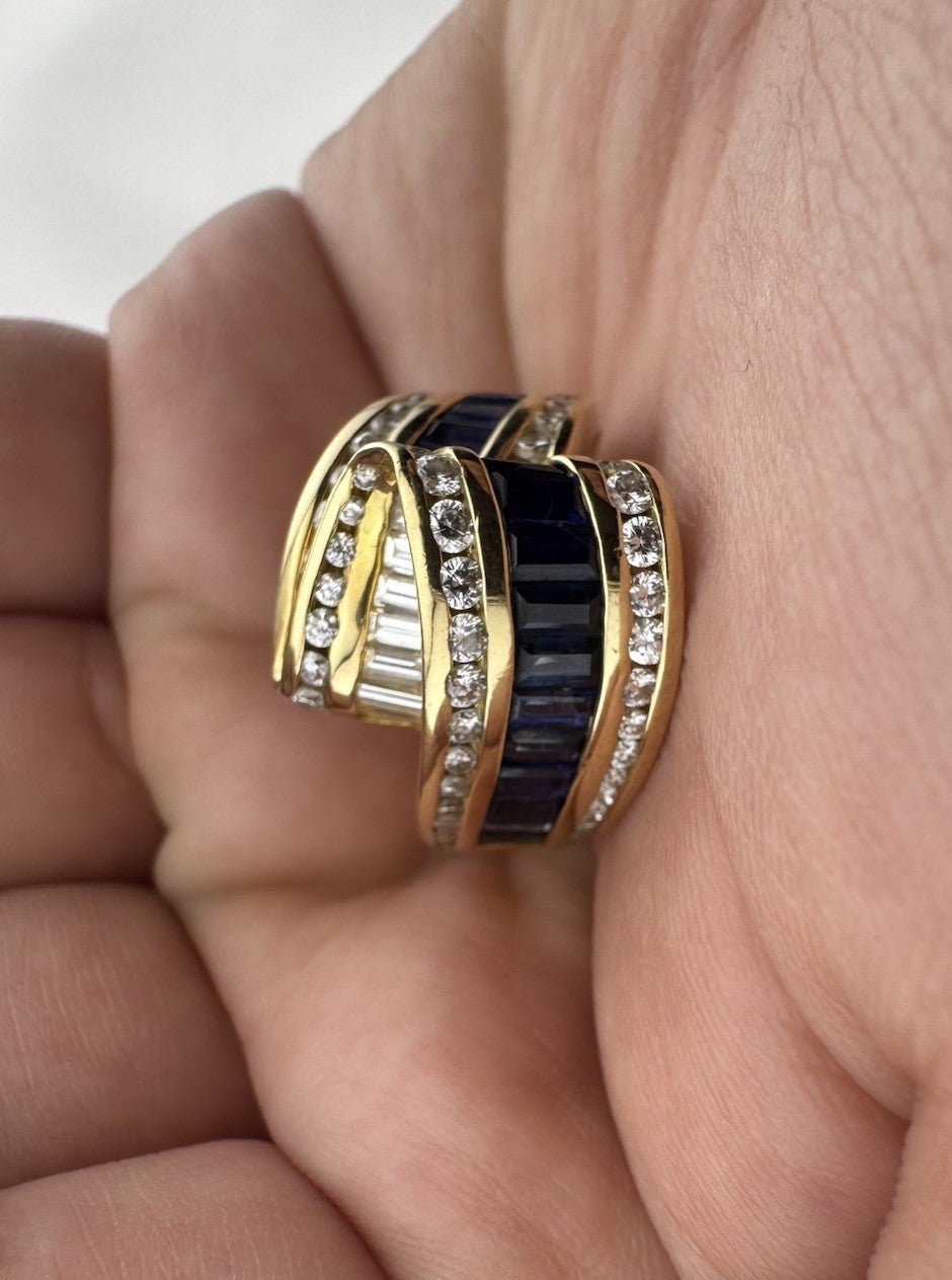 Charles Krypell 18K Yellow Gold Sapphire & Diamond Ribbon Crossover Ring 13.4G