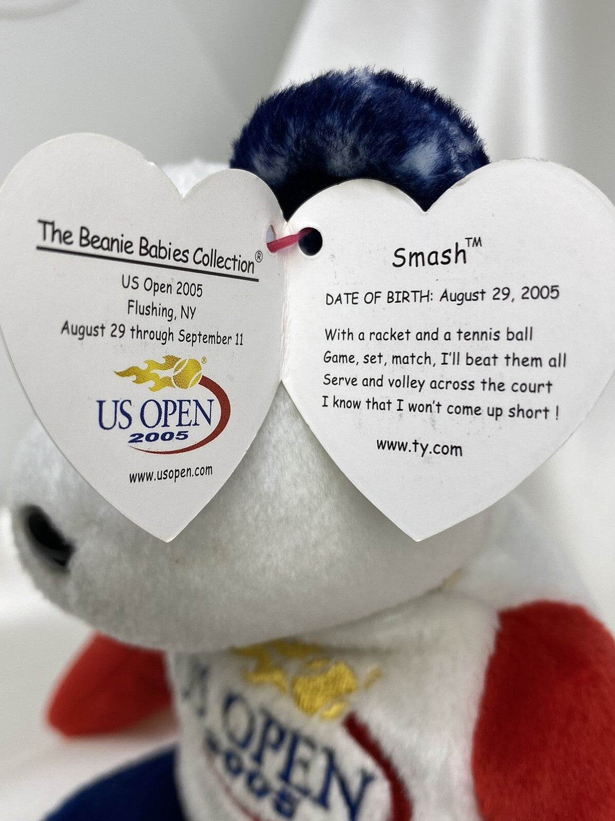 Ty Beanie Baby Smash The US Open Tennis Bear Plush W Hang Tag Protector 2005
