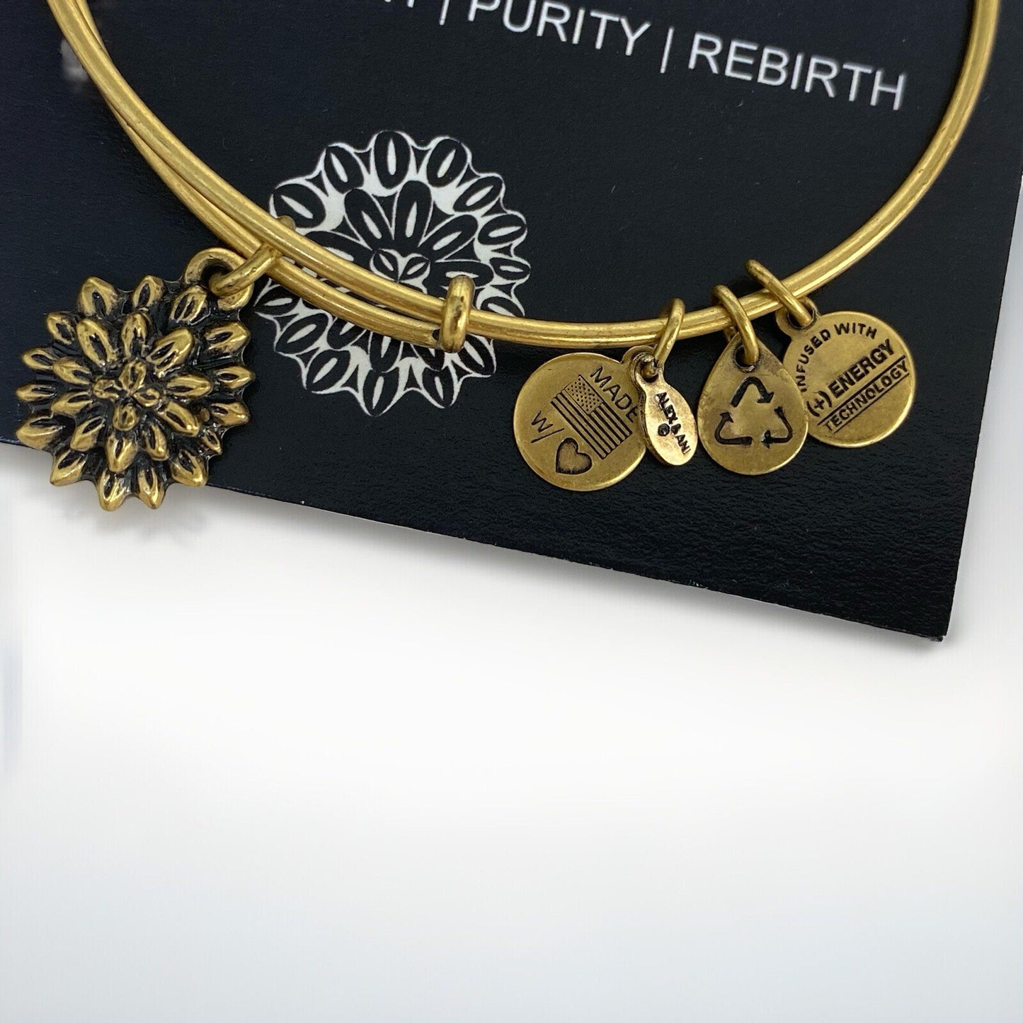 Alex and Ani Water Lily Rafaelian Gold Charm Bangle Adjustable Bracelet Card