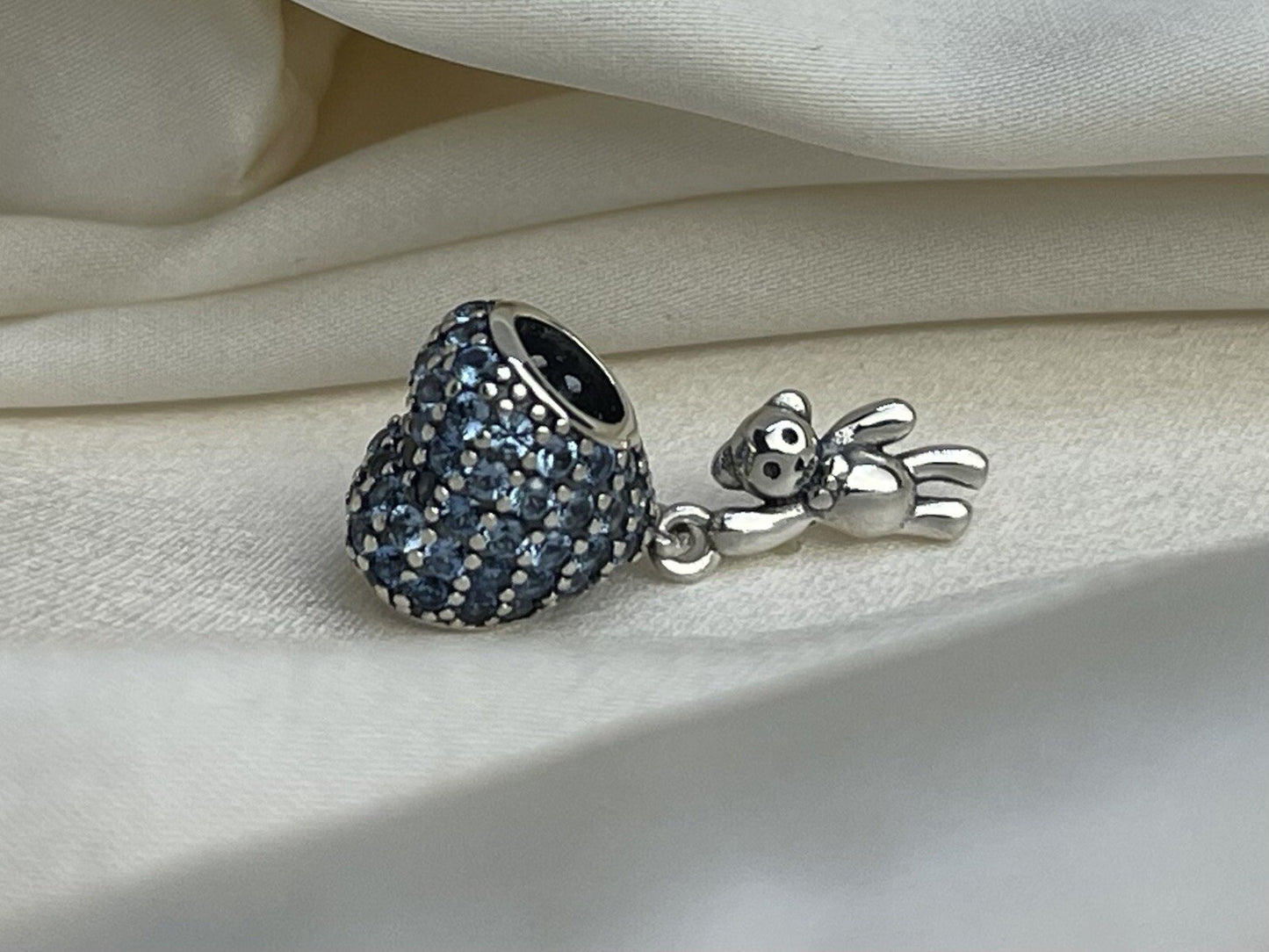 Sterling Silver 925 Blue Cubic Zirconia Love Heart Balloon & Dangling Bear Charm