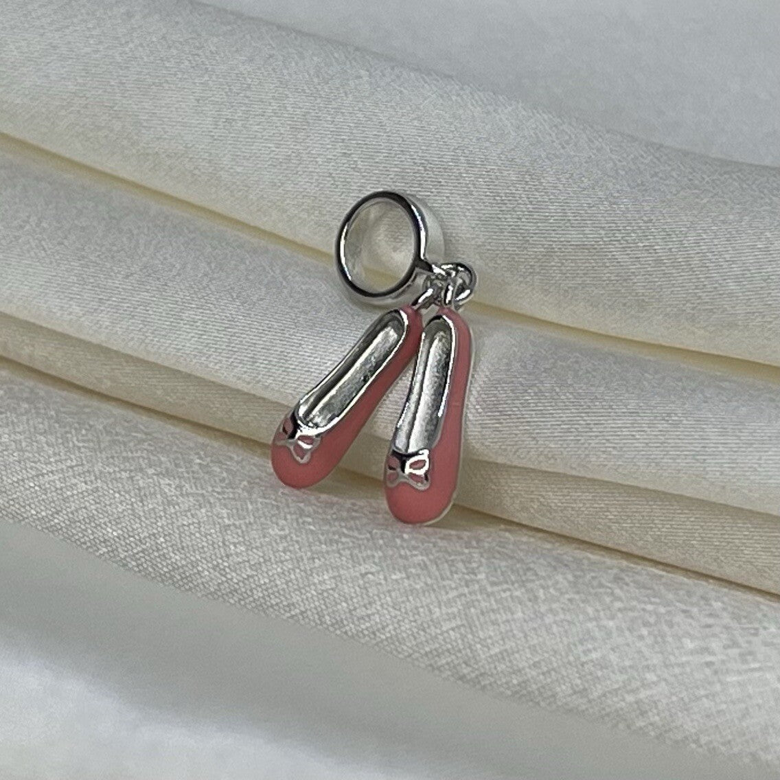 Sterling Silver 925 Cute Enamel Pink Ballet Slipper Ballerina Dance Dangle Charm