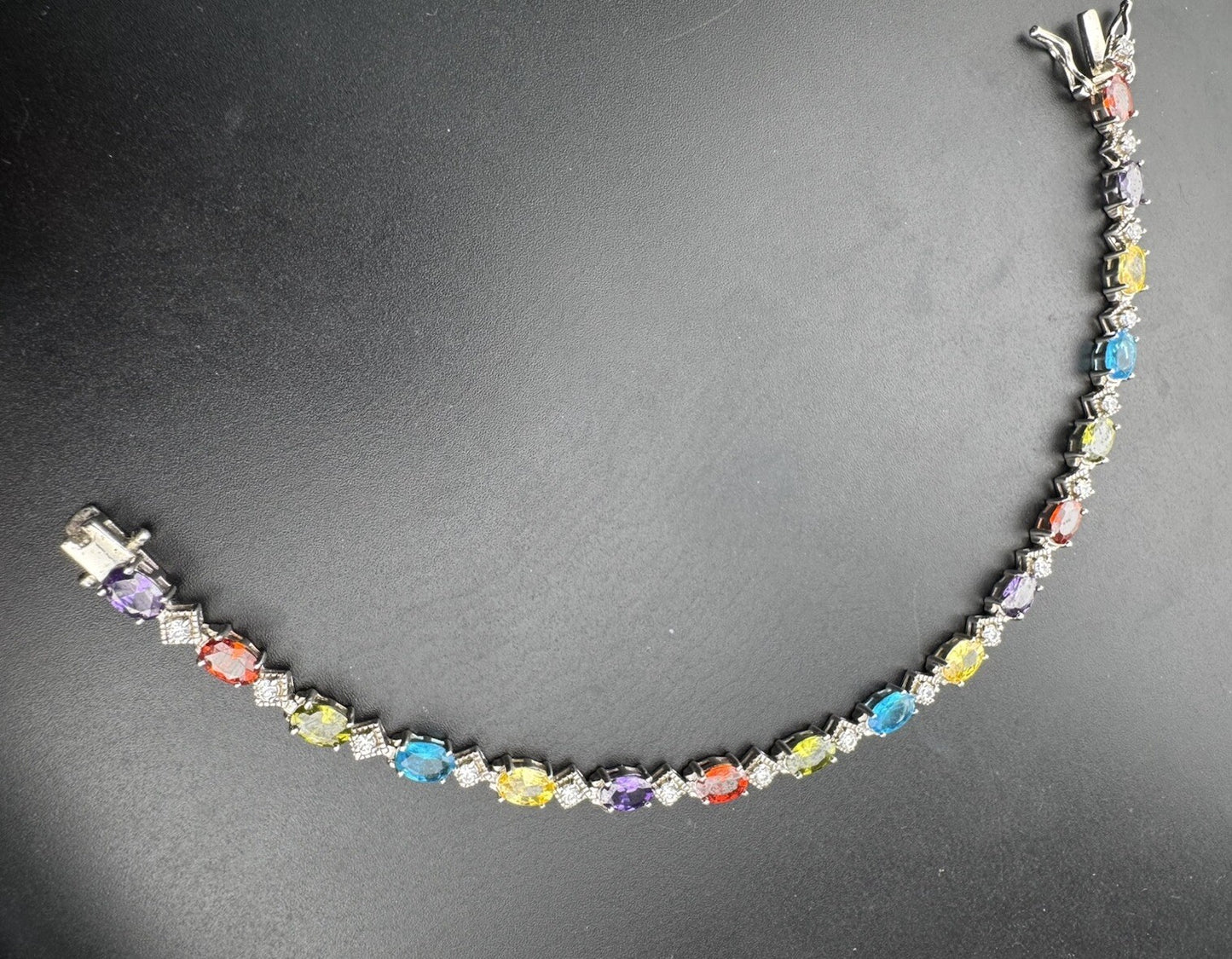 Vintage 925 Sterling Fine Silver Rainbow Gem Simulated Diamond Bracelet 7.5 10G