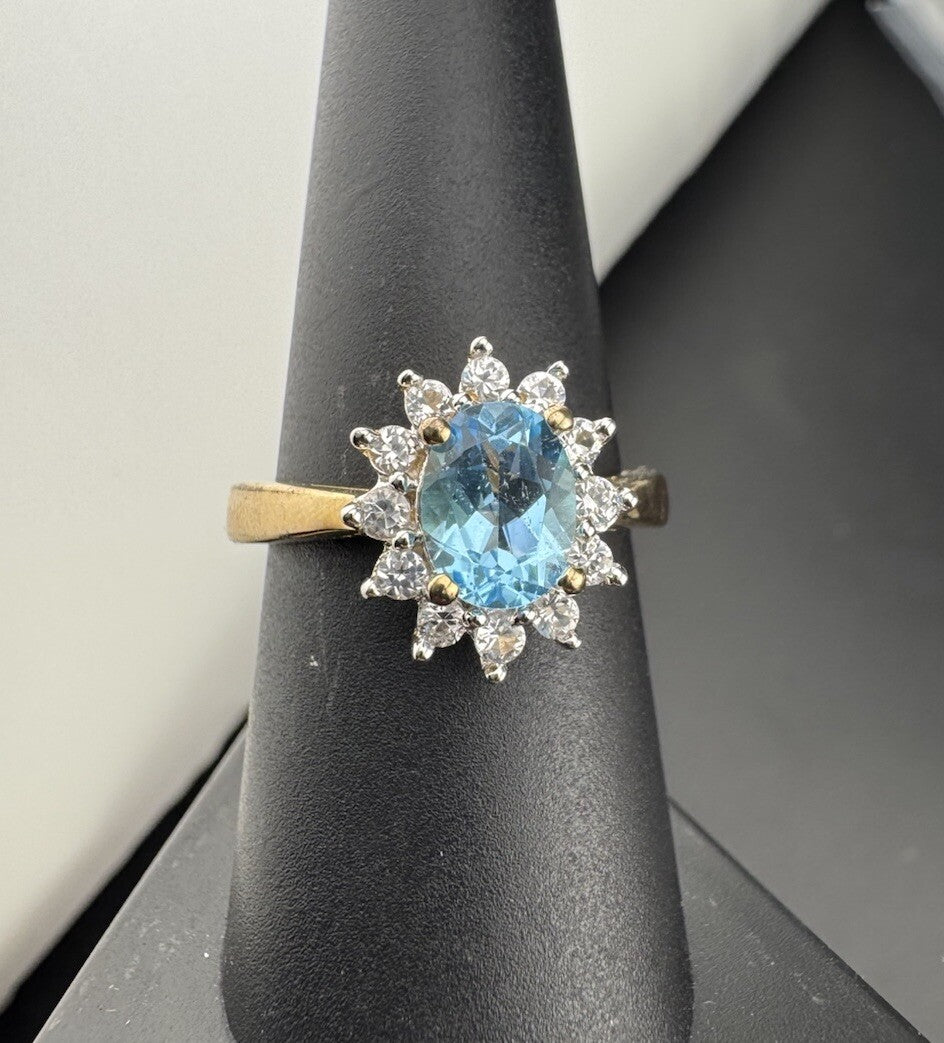 Sterling Silver 925 Blue & White Simulated Diamond Flower Ring, Size 8, 14.15mm