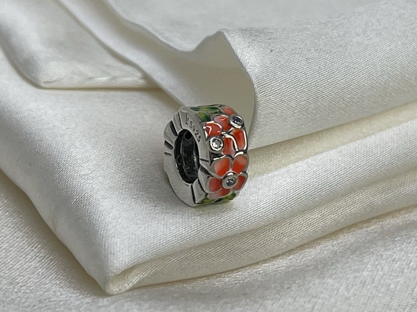 Sterling Silver 925 Enamel Pink Flower Plant with Cubic Zirconia Charm