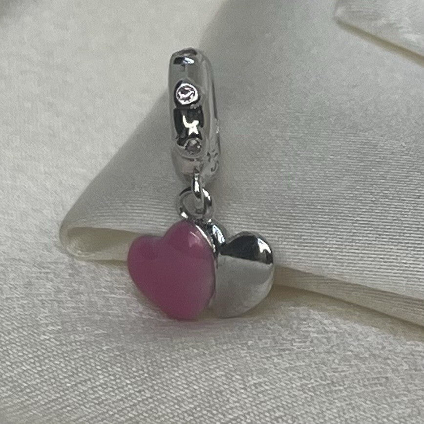 Sterling Silver 925 Enamel Double Heart Love Pink Cubic Zirconia Dangle Charm
