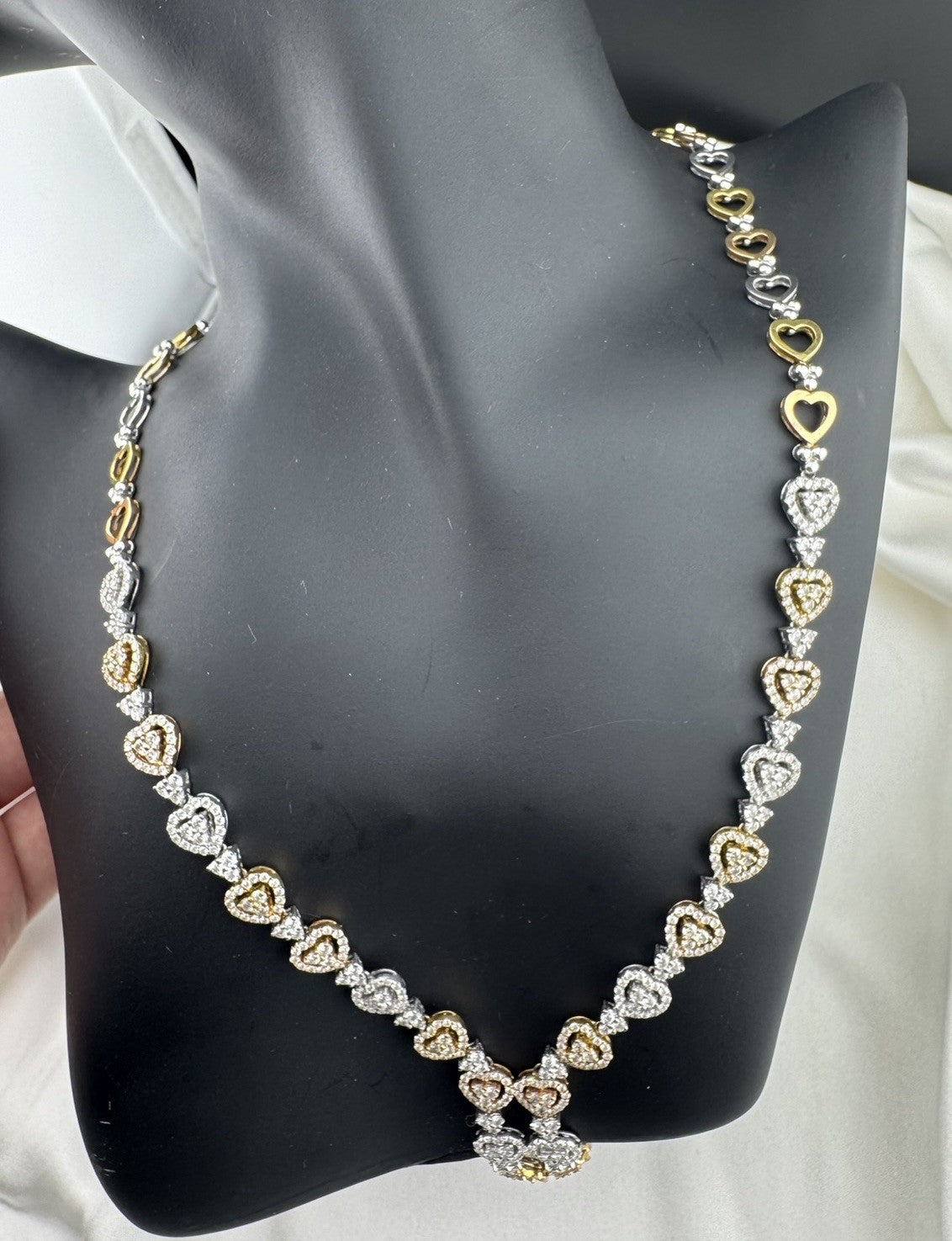14K Yellow Gold Tri-Tone Heart Necklace Pave Stones 32G 17.25” 8mm Chain