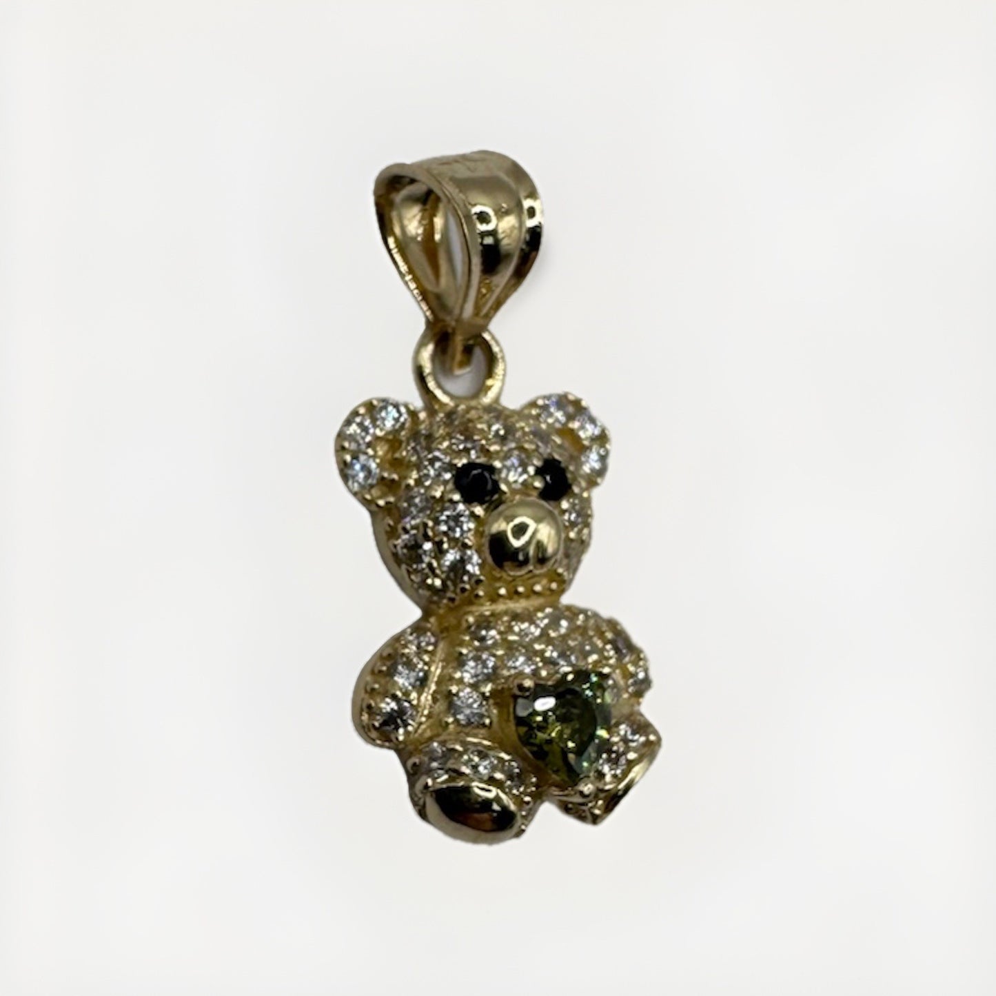 14K Gold Teddy Bear Pendant Green Sim Diamond 19.19x9.92mm 1.3G Beltran Jewelry