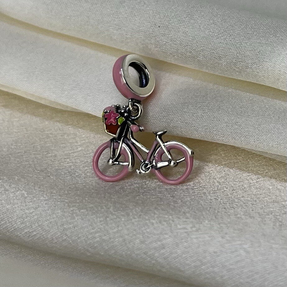 Sterling Silver 925 Enamel Pink Bicycle with Basket & Flowers Dangle Charm Bike