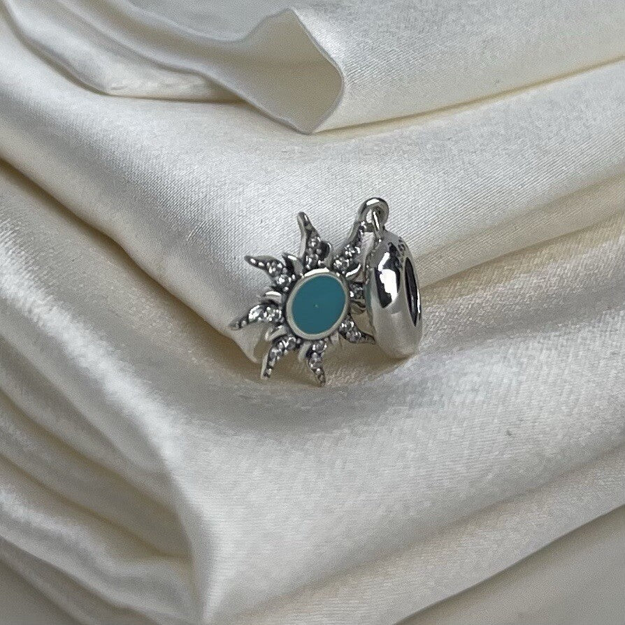 Sterling Silver 925 Enamel Turquoise Sun Star With Cubic Zirconia Dangle Charm
