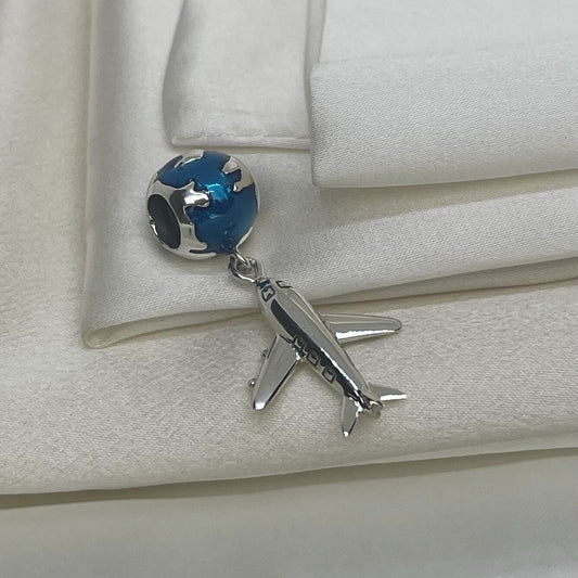 Sterling Silver 925 Enamel Globe Travel Vacation Airplane Memory Dangle Charm