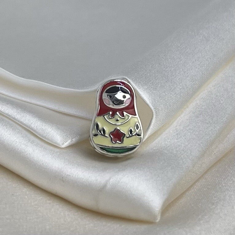 Sterling Silver 925 European Enamel Matryoshka Stacking Doll Character Charm