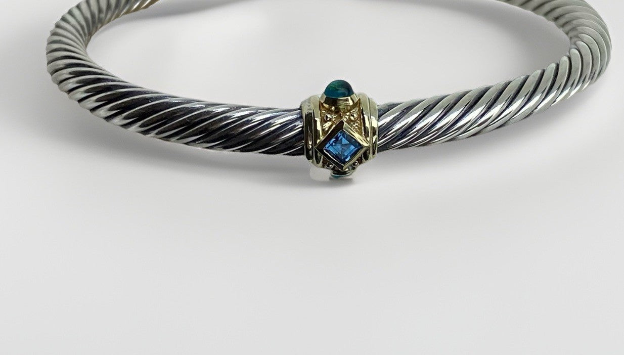 David Yurman Renaissance 5mm Silver Bracelet 14K Gold Topaz & Green Onyx Medium