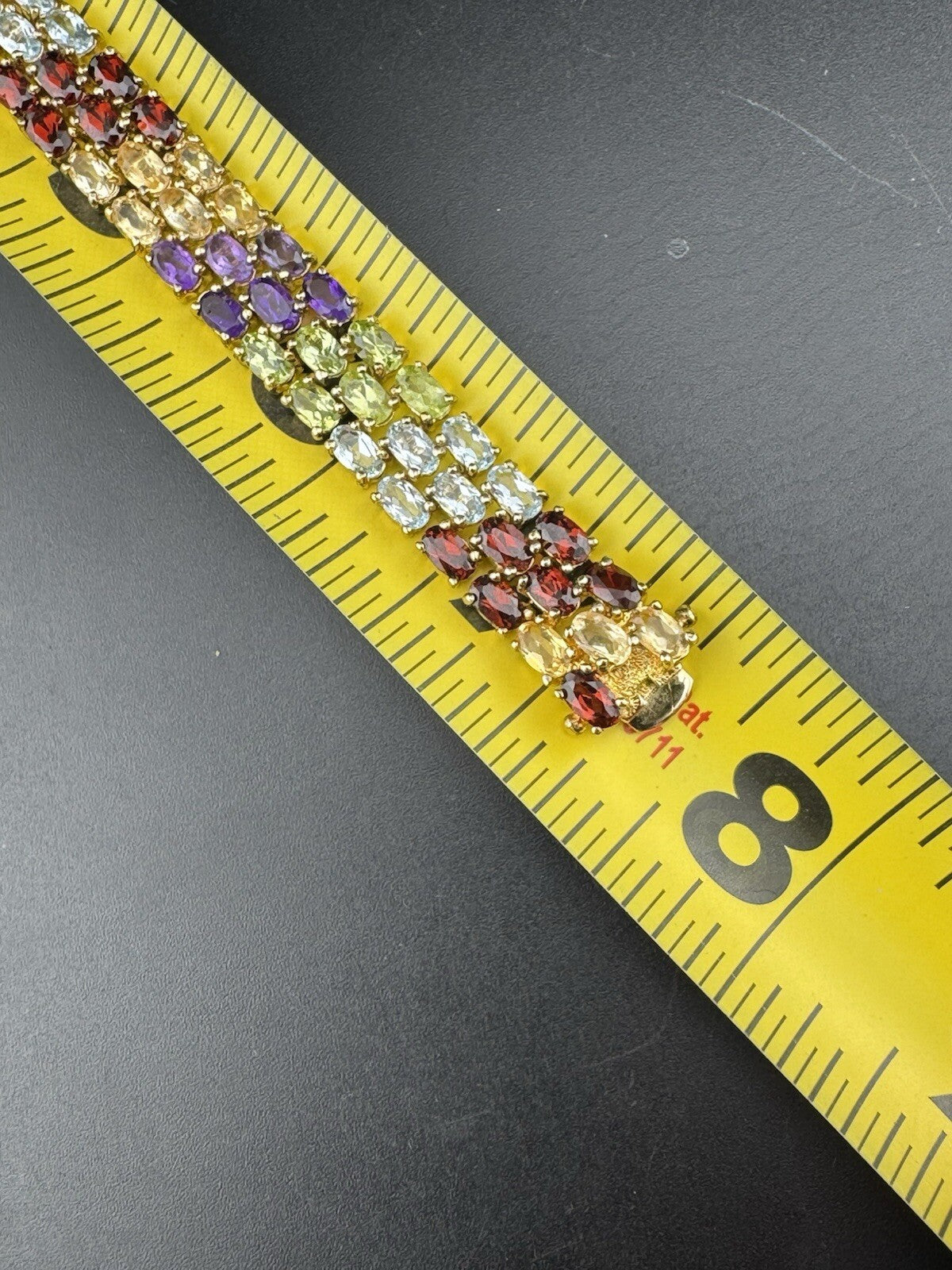 925 Fine Silver Plated Gold Multicolor Gemstone Row Tennis Bracelet 7.5 25.7G