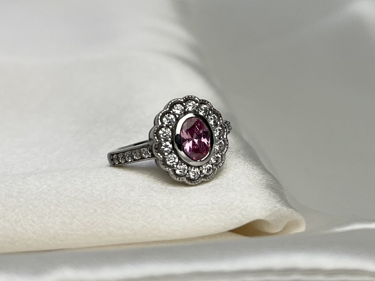 Flower Rose Quartz Cubic Zirconia Ring Rhodium Plated Sterling Silver 925