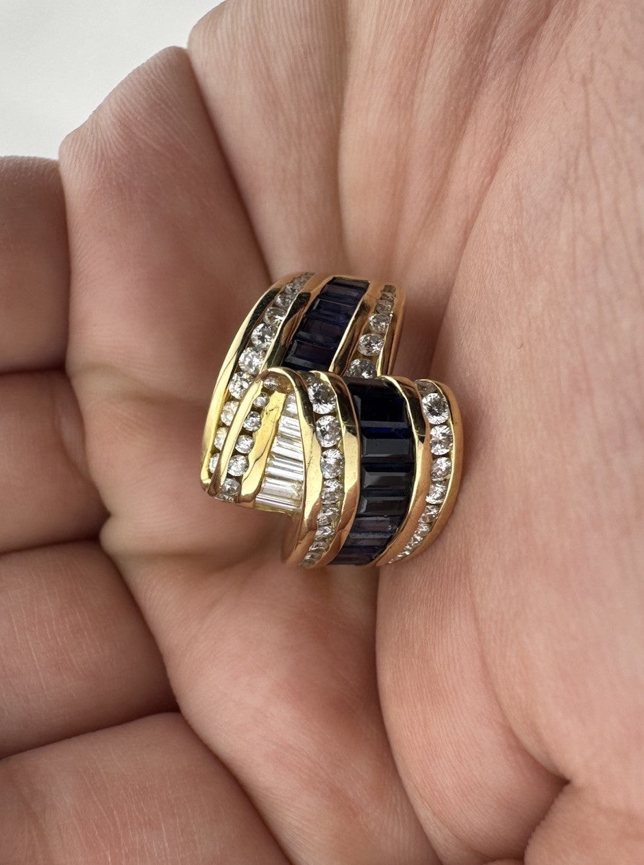 Charles Krypell 18K Yellow Gold Sapphire & Diamond Ribbon Crossover Ring 13.4G