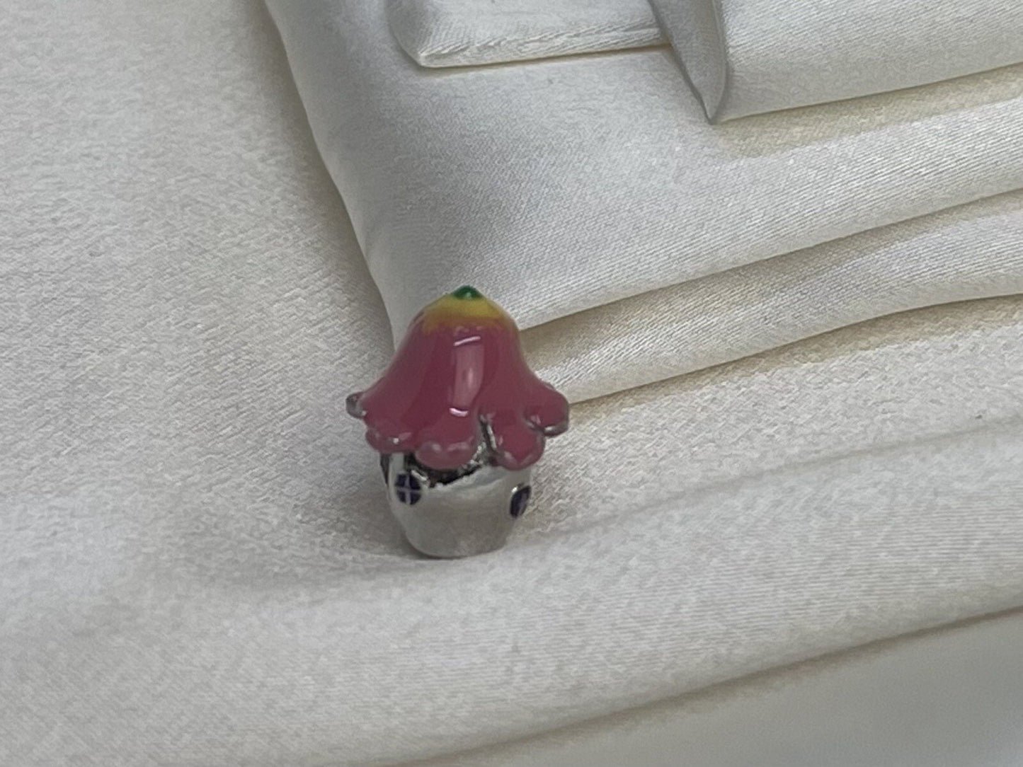 Sterling Silver 925 Enamel Anime Pink Colorful Mushroom House Charm