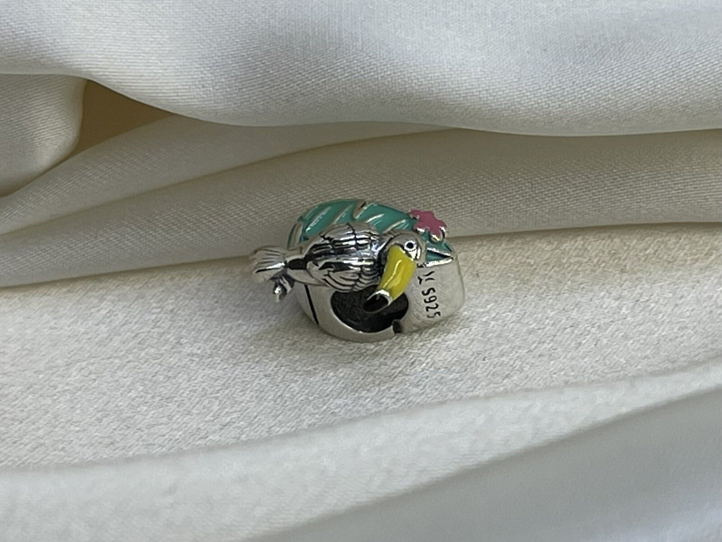 Sterling Silver 925 Enamel Vibrant Jungle Toucan Bird On Flower Tropical Charm