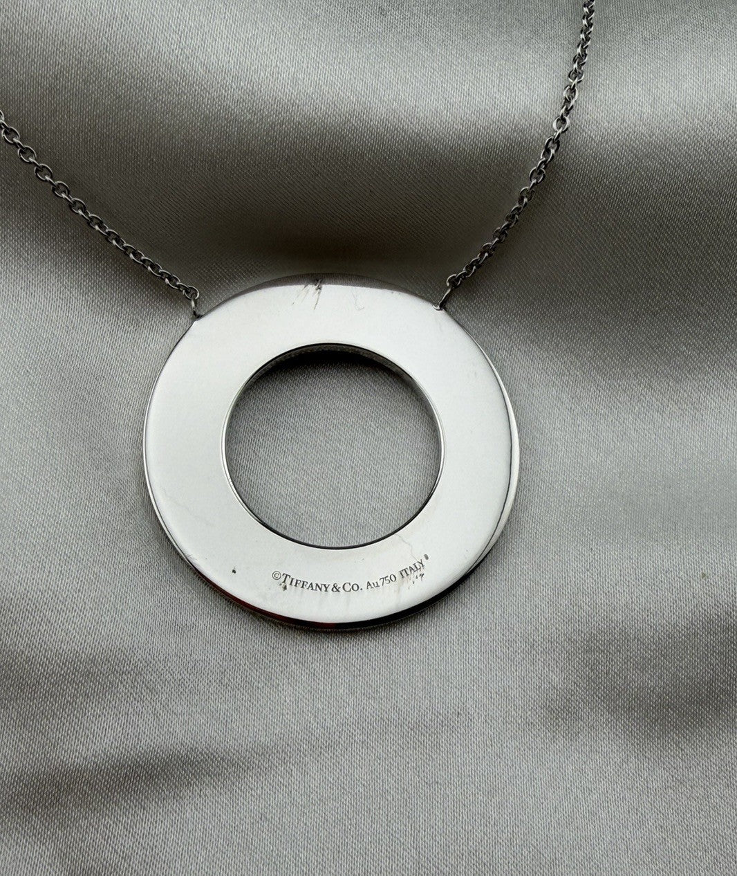 Tiffany & Co. 18k White Gold Diamond T Circle Pendant Necklace Large 30mm 18”