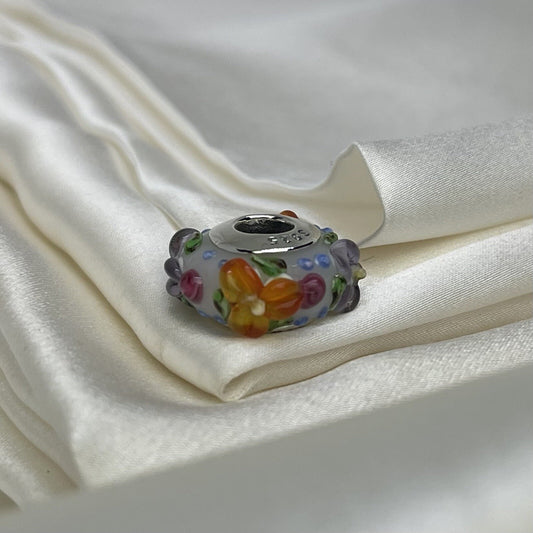 Charm grande de plata de ley 925 con flores y plantas de esmalte colorido vibrante, estilo europeo