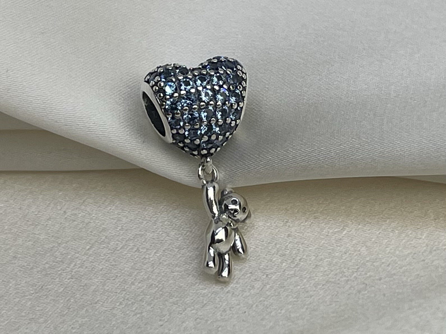 Sterling Silver 925 Blue Cubic Zirconia Love Heart Balloon & Dangling Bear Charm