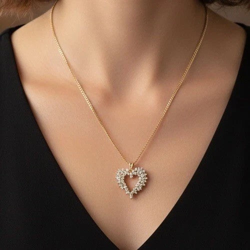 18K Solid Gold Open Heart Diamond Necklace Timeless 21in Pendant 6.8G