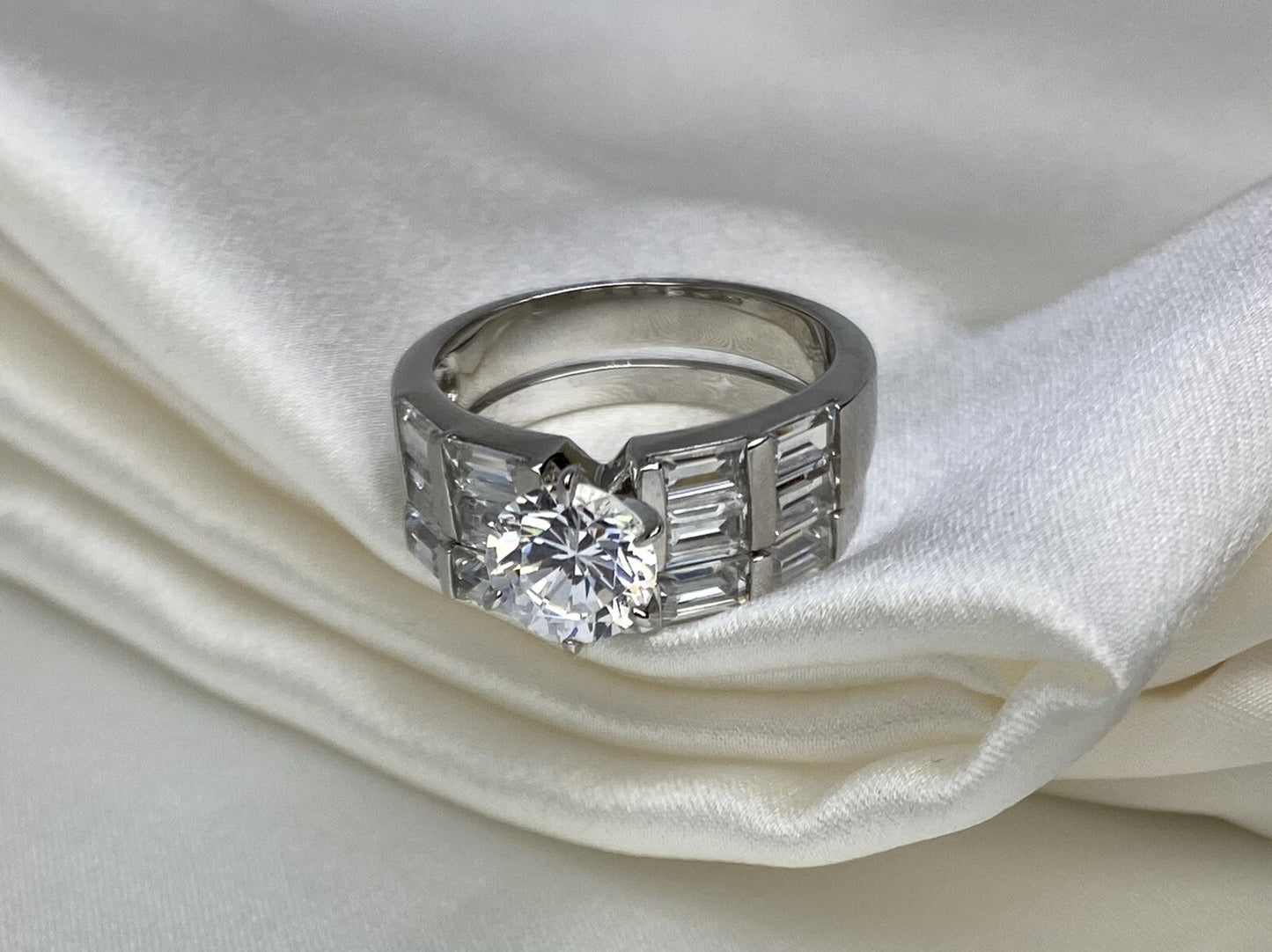Elegance Stacked Cubic Zirconia Ring Rhodium Plated Sterling Silver 925 Size 6