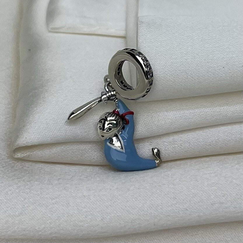 Sterling Silver 925 Dangle Enamel CZ Stone Chinese Kawaii Mulann Character Charm