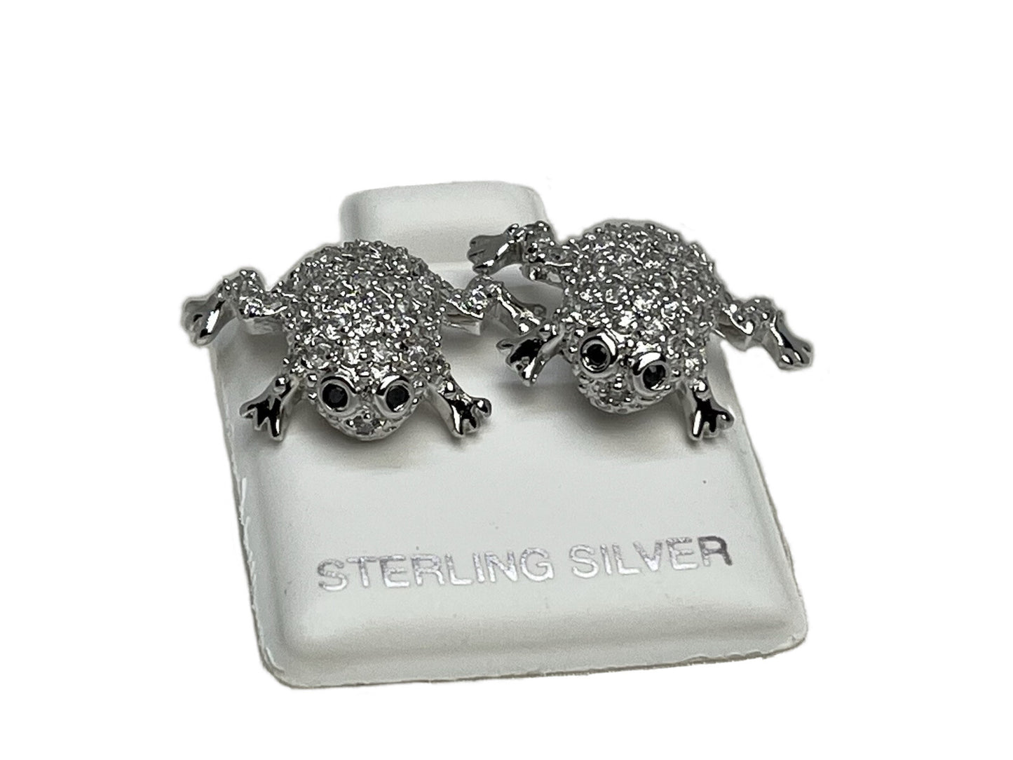 New Sterling Silver 925 11x17mm Frog Stud Earrings Two Tone Cubic Zirconia Stone